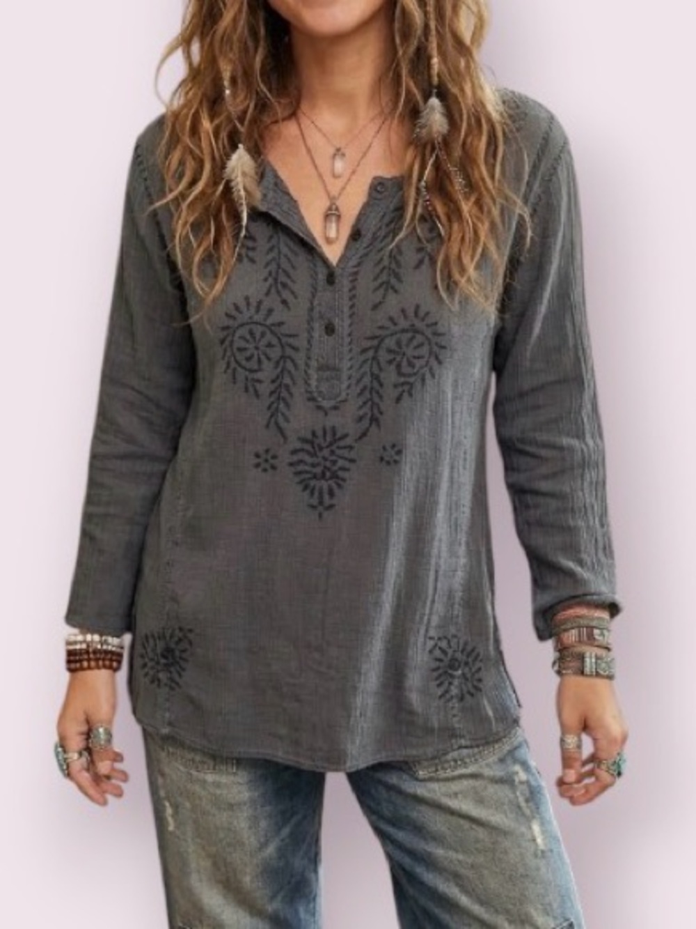Funky People Boho Embroidered Gauze Henley Top Gray Size Large